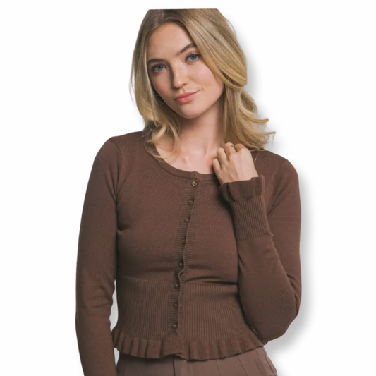 MV Button-Front Ruffled Sweater Cardigan Brown