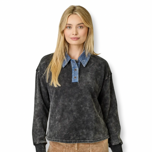 MYS Denim Collar Washed Polo Shirt Black