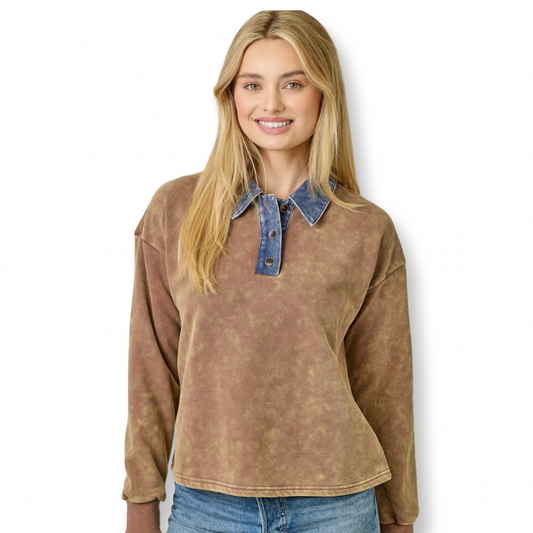 MYS Denim Collar Washed Polo Shirt Brown