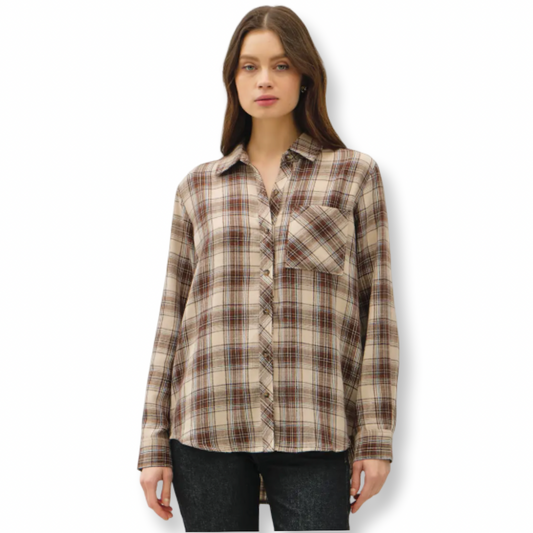 BC Flannel Brown Plaid Long Sleeve Button Down