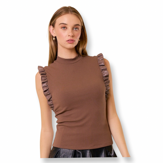 DV Mock Neck Ruffle Tank Top Mocha