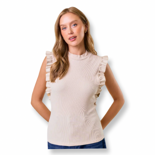 DR Mock Neck Ruffle Tank Top Beigr
