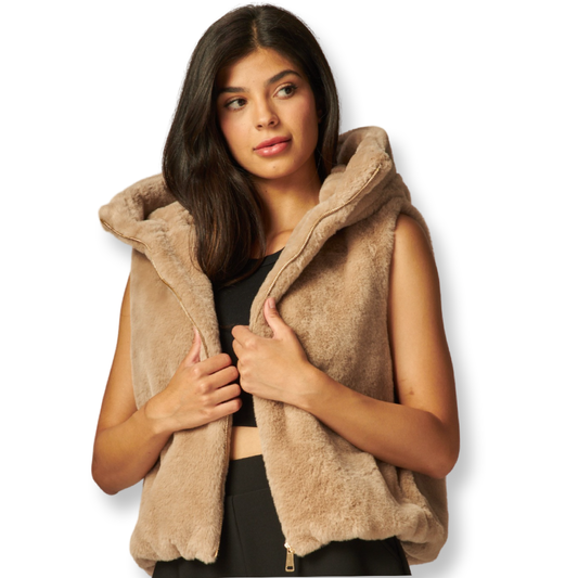 LP Faux Fur Hooded Vest Camel