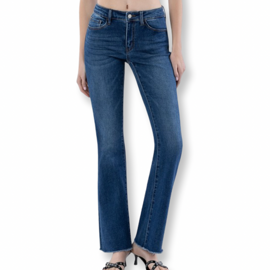 Loveret Mid Rise Raw Hem Dark Wash Bootcut Jeans