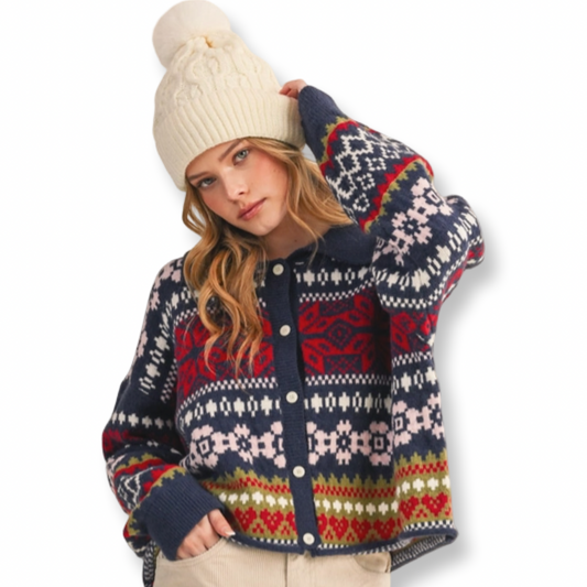 MER Fair Isle Heart Sweater Cardigan Navy