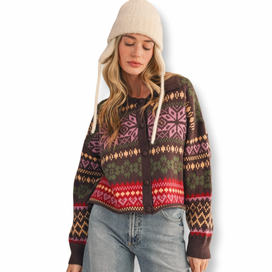 MER Fair Isle Heart Sweater Cardigan Brown