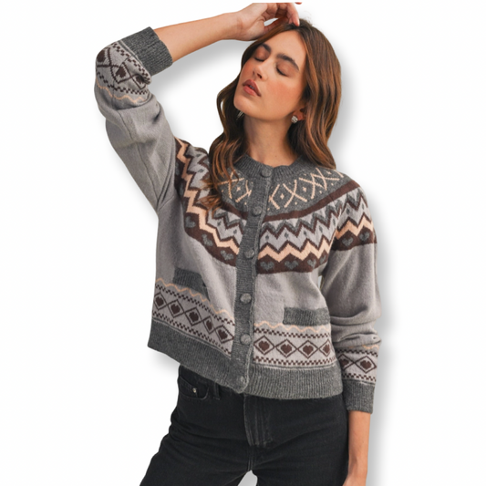 MER Fair Isle Heart Sweater Cardigan Grey