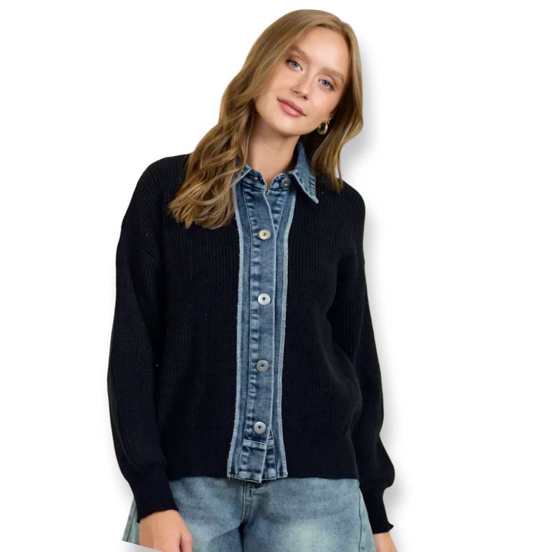 DR Denim Contrast Sweater Cardigan Black