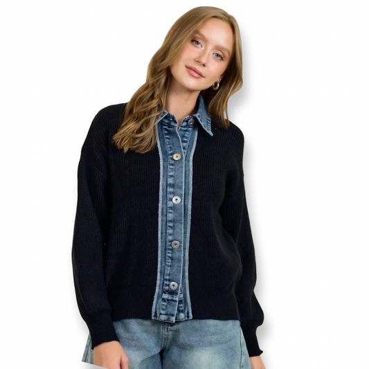 DR Denim Contrast Sweater Cardigan Black