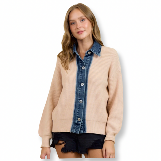 DR Denim Contrast Sweater Cardigan Beige