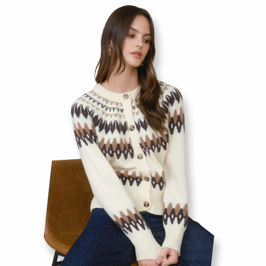 LT Fair Isle Button Down Knit Cardigan Ivory