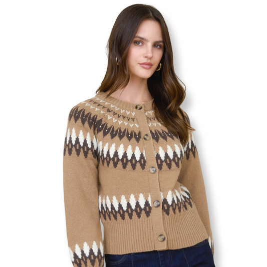 LT Fair Isle Button Down Knit Cardigan Camel