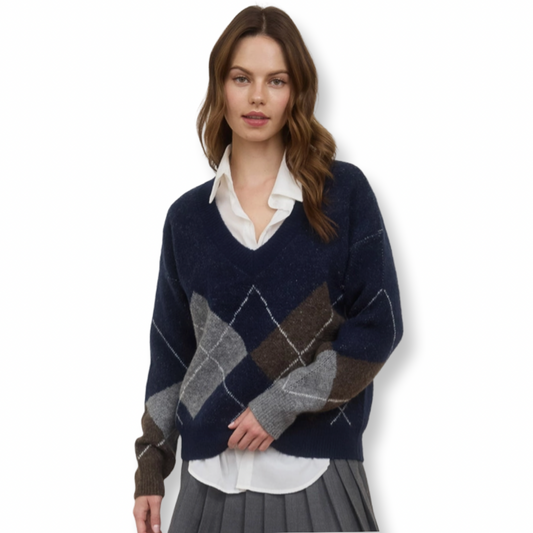 WS Argyle V Neck Sweater Navy