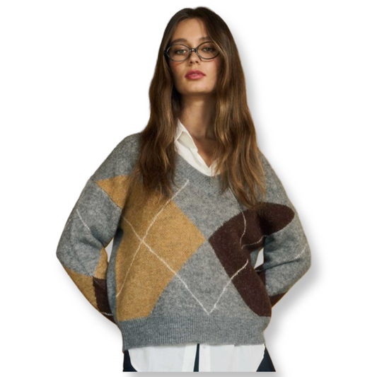 WS Argyle V Neck Sweater Grey