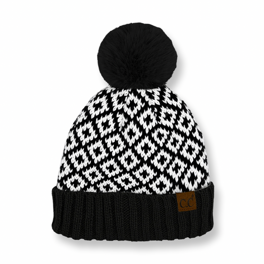 CC Diamond Pattern Fur Pom Hat Black
