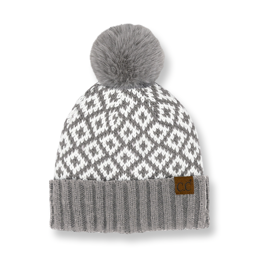 CC Diamond Pattern Fur Pom Hat Grey
