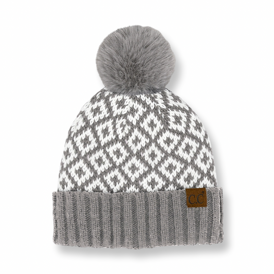 CC Diamond Pattern Fur Pom Hat Grey