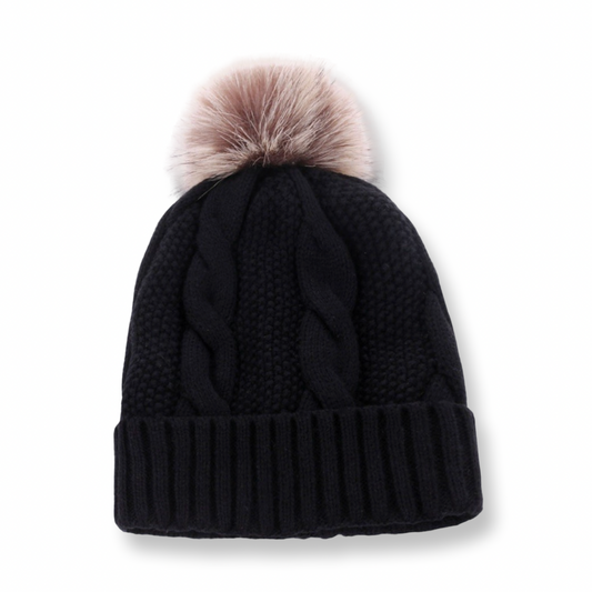 ZEN Cable Knit Pom Pom Lined Beanie Black