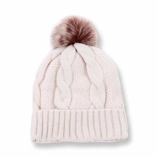 ZEN Cable Knit Pom Pom Lined Beanie Ivory