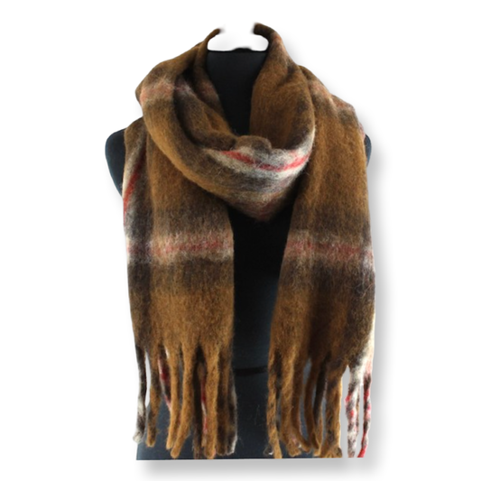 PP Large Fuzzy Plaid Scarf Brown