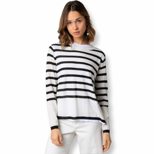 Olivaceous Stripe Thin Sweater Top Black & White