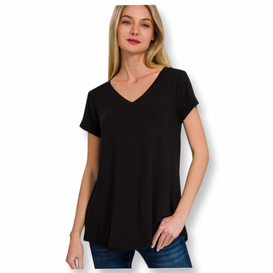 ZEN V Neck Round Hem Tee Black