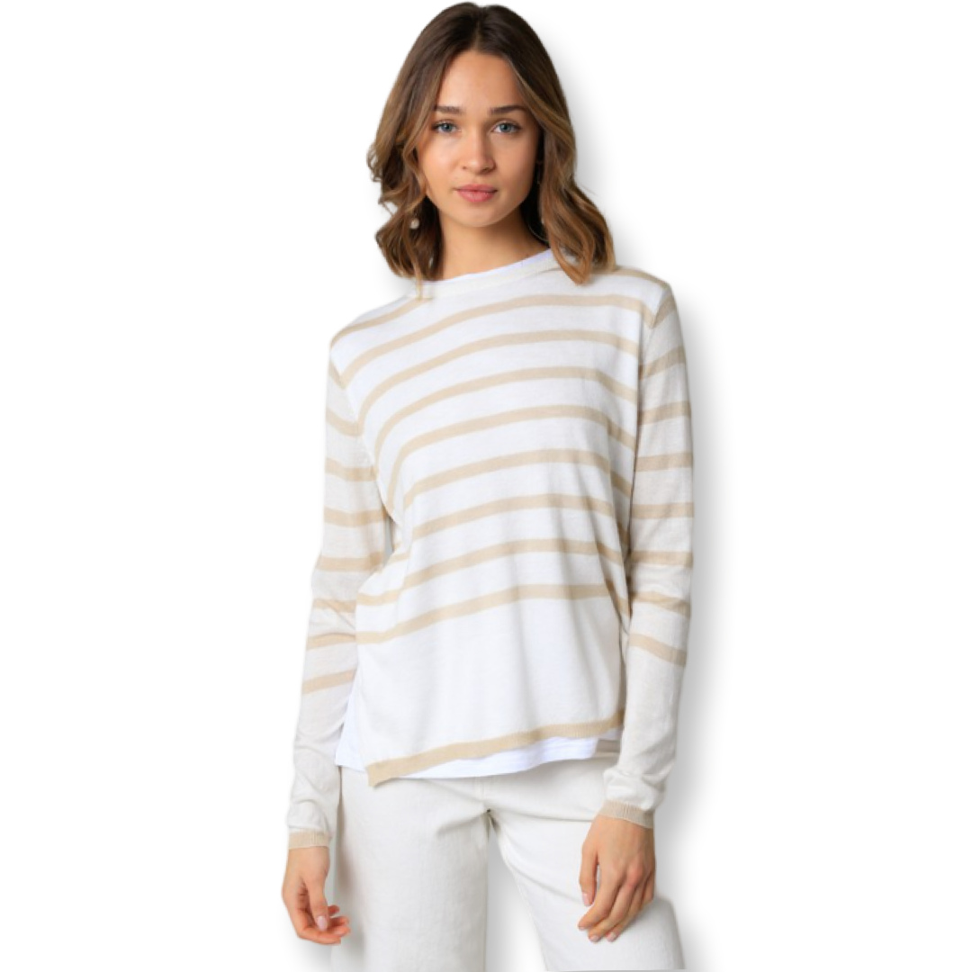 Olivaceous Stripe Thin Sweater Top White & Khaki