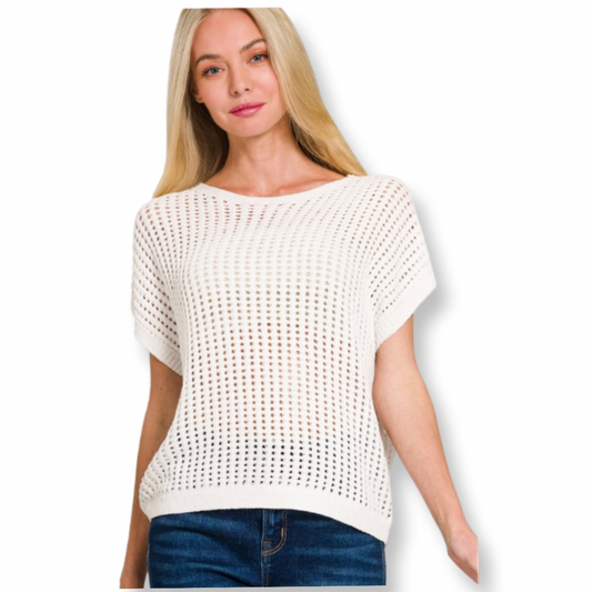 ZEN Crochet Short Sleeve Sweater White