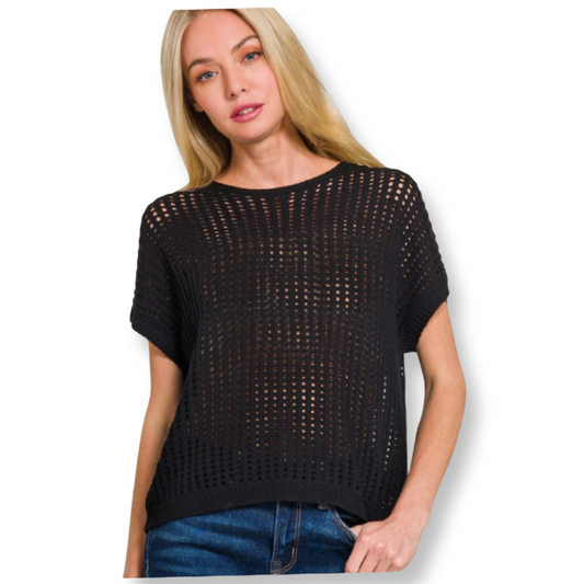 ZEN Crochet Short Sleeve Sweater Black