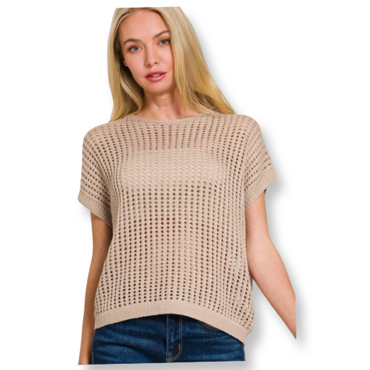 ZEN Crochet Short Sleeve Sweater Mocha