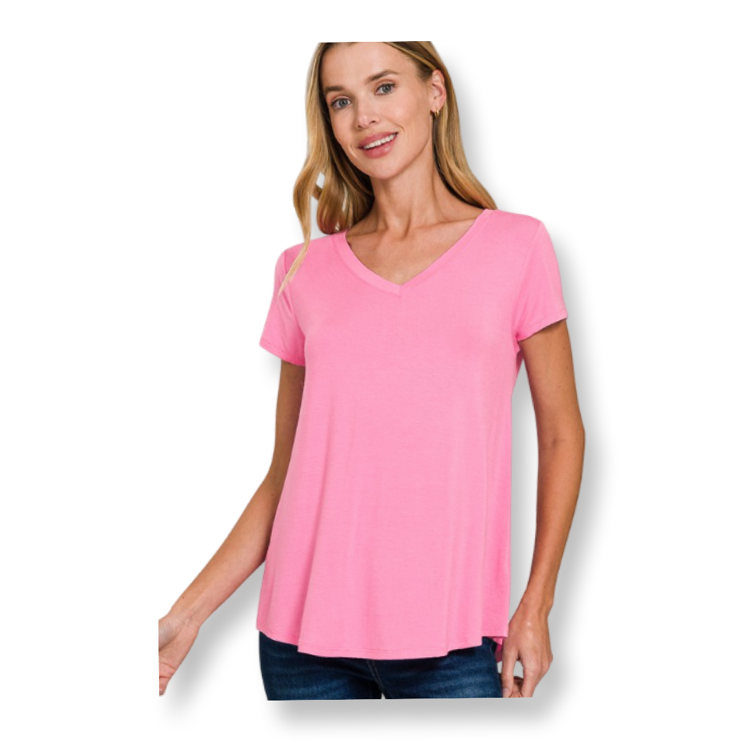 ZEN V Neck Round Hem Tee Pink