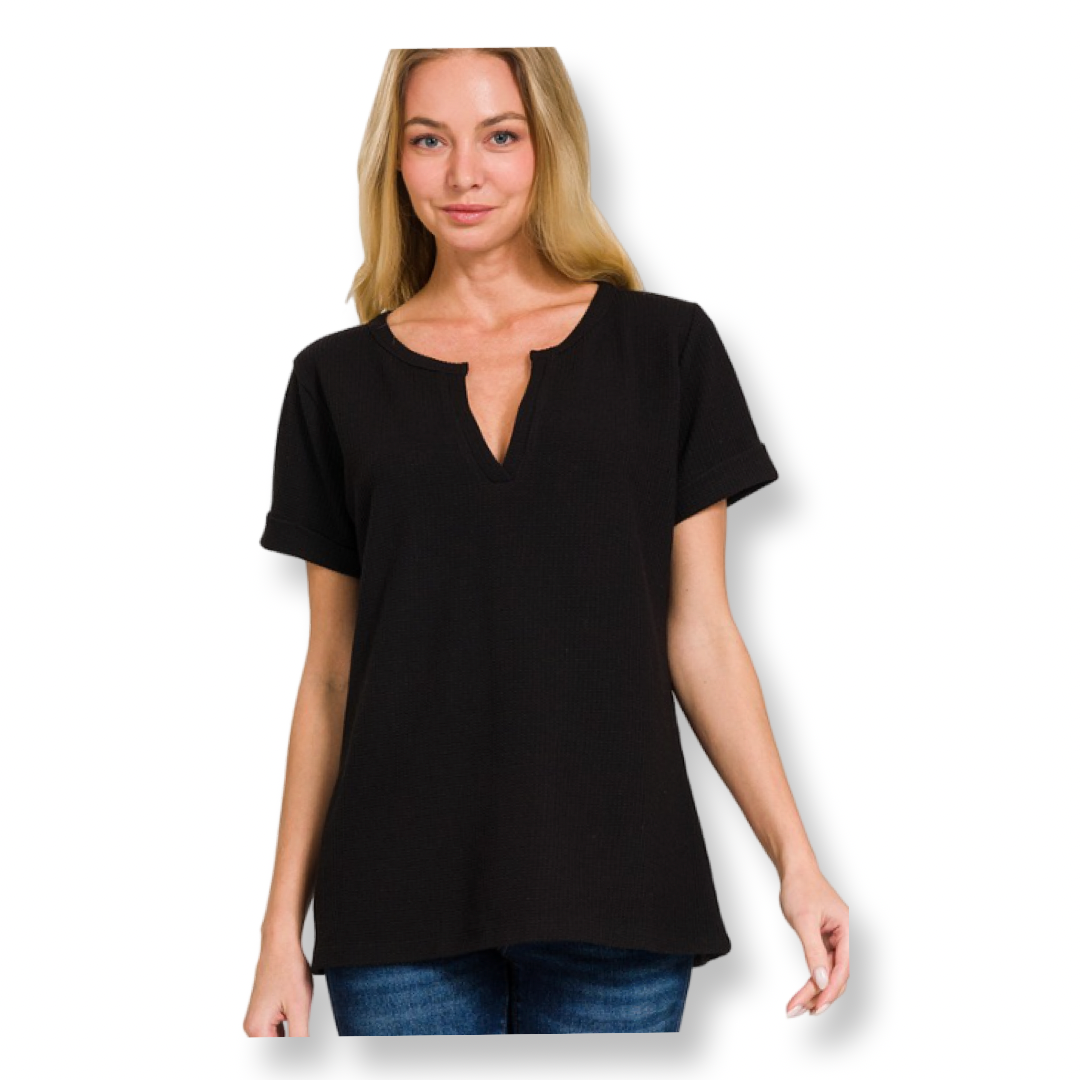 ZEN Waffle Henley Short Sleeve Tee Black