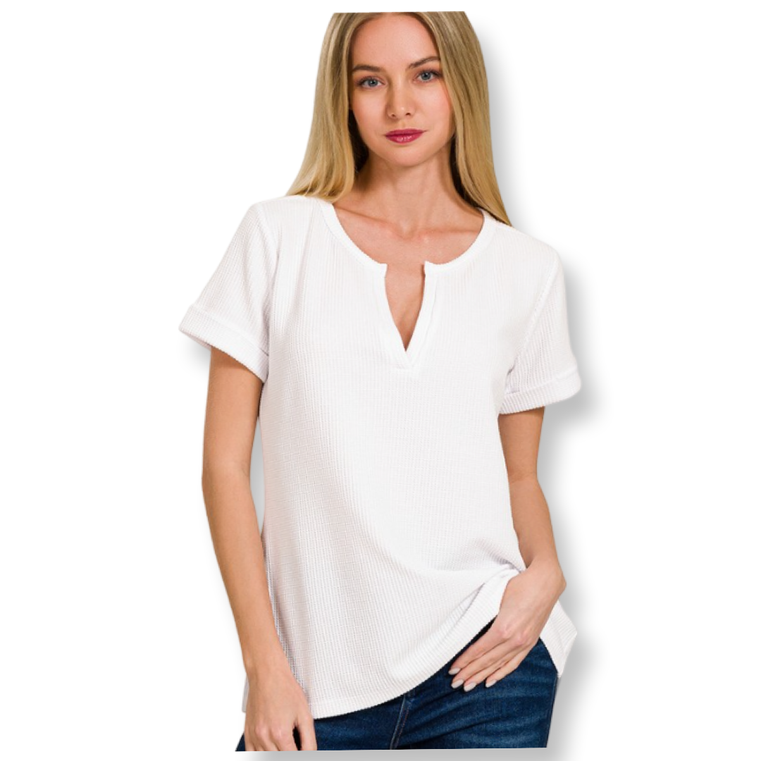 ZEN Waffle Henley Short Sleeve Tee White