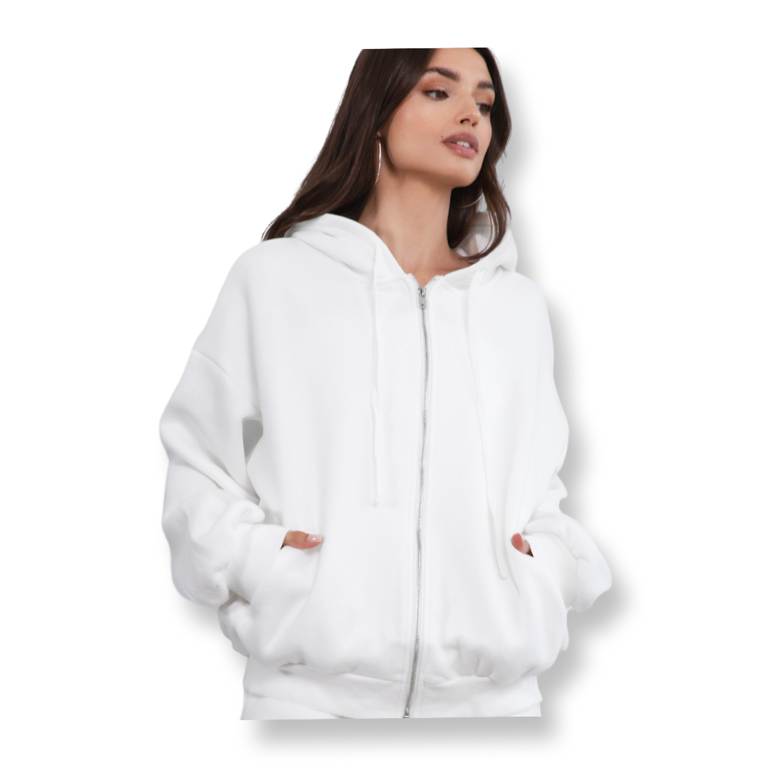 TT White Oversized Loose Fit Zip Up Hoodie