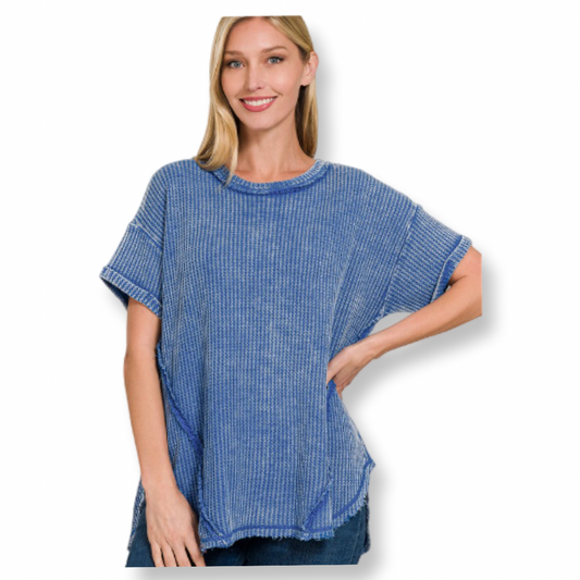 ZEN Waffle Rolled Up Short Sleeve Top Blue