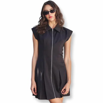 ID Mini Dress with Front Zipper and Pleated Hem