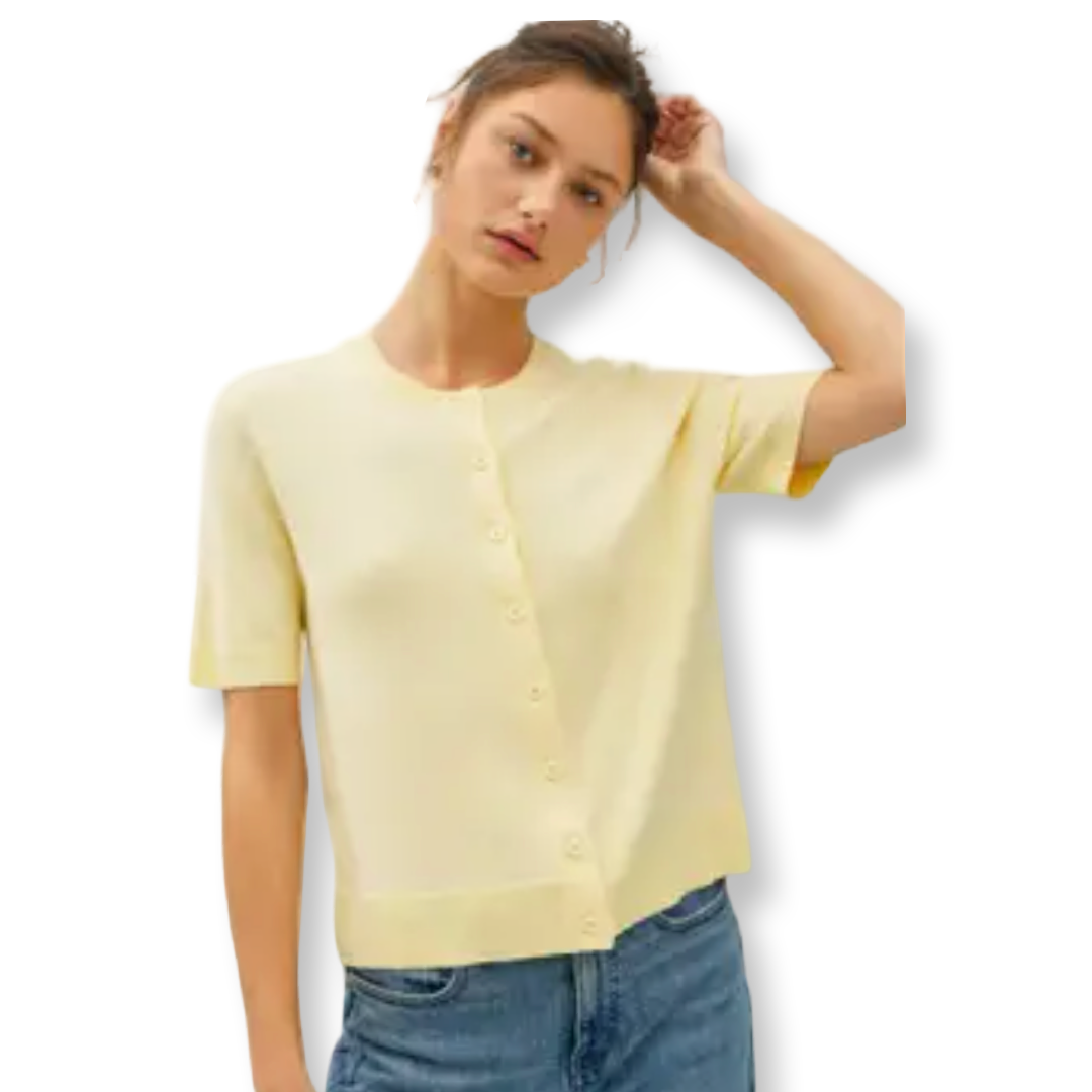 BC Basic Crew Neck Short Sleeve Cardigan Yellow
