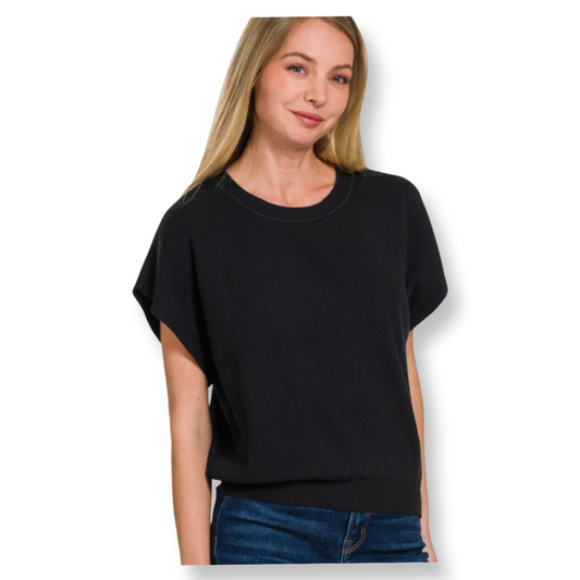ZEN Round Neck Short Dolman Sleeve Top Black