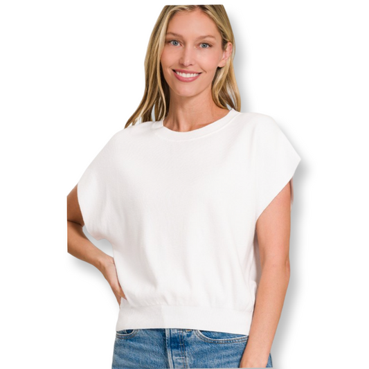 ZEN Round Neck Short Dolman Sleeve Top White