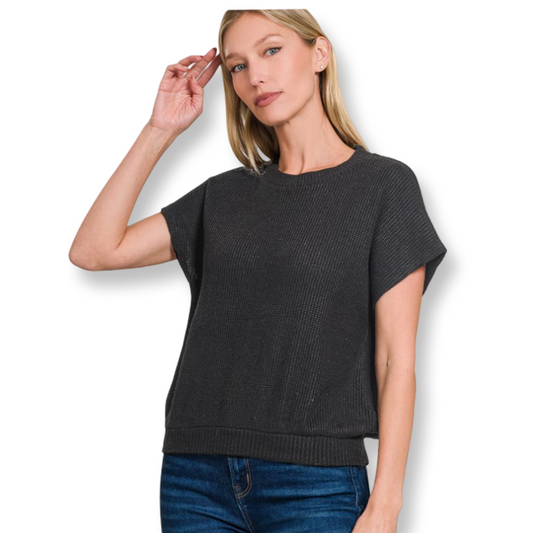 ZEN Round Neck Banded Bottom Short Sleeve Sweater Black