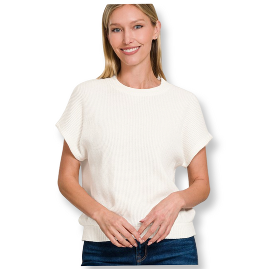 ZEN Round Neck Banded Bottom Short Sleeve Sweater Off White