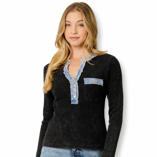 Mystree Denim Mixed Henley Top  Washed Black