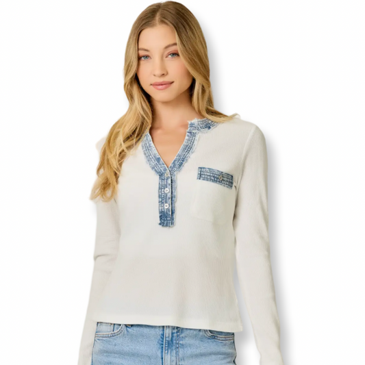 Mystree Denim Mixed Henley Top  Vintage White