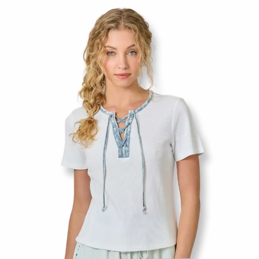 Mystree Lace Up Neck Washed Top
