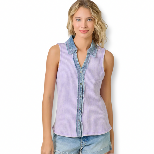 Mystree Washed Rib Thermal Sleeveless Button Down Lavender