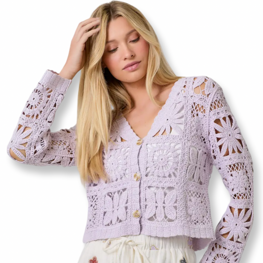 Mystree Crochet Button Up Cardigan Lavender
