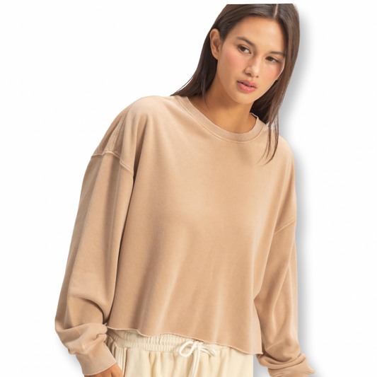 DZ Cropped Mineral Wash Sweatshirt Tan