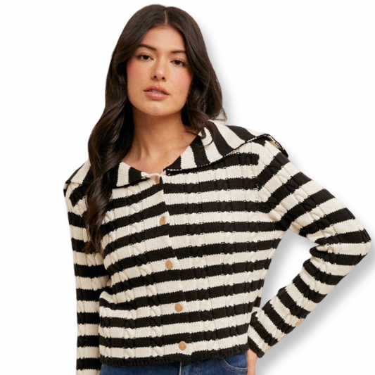 ZEN Sailor Collar Cable Knit Stripe Cardigan
