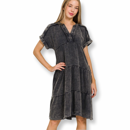 ZEN Washed Double Gauze Raw Edge V-neck Dress