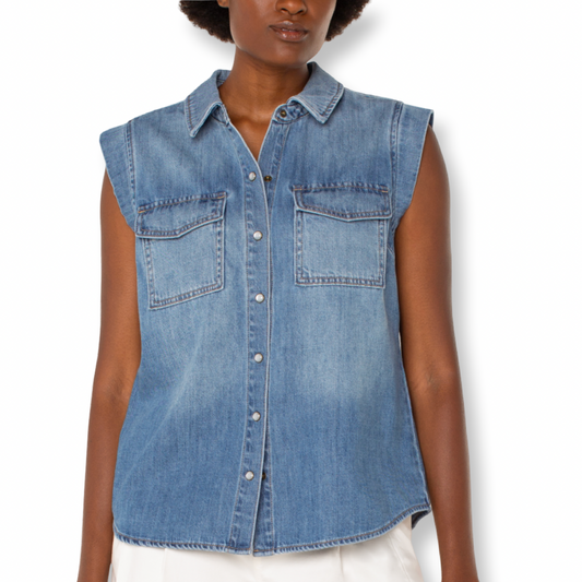 Liverpool Denim Sleeveless Shirt With Pockets